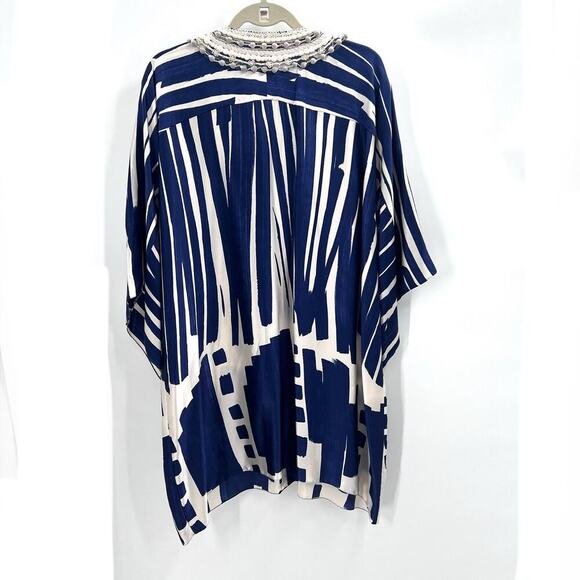 Vintage Handmade OOAK Blue White Silk Embellished V-Neck Kimono Tunic - Picture 7 of 7